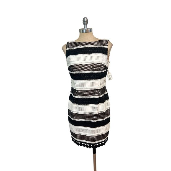 Aidan Mattox Black Cream Striped Sleeveless Cocktail Party Dress 8 10 NWT - Picture 1 of 6